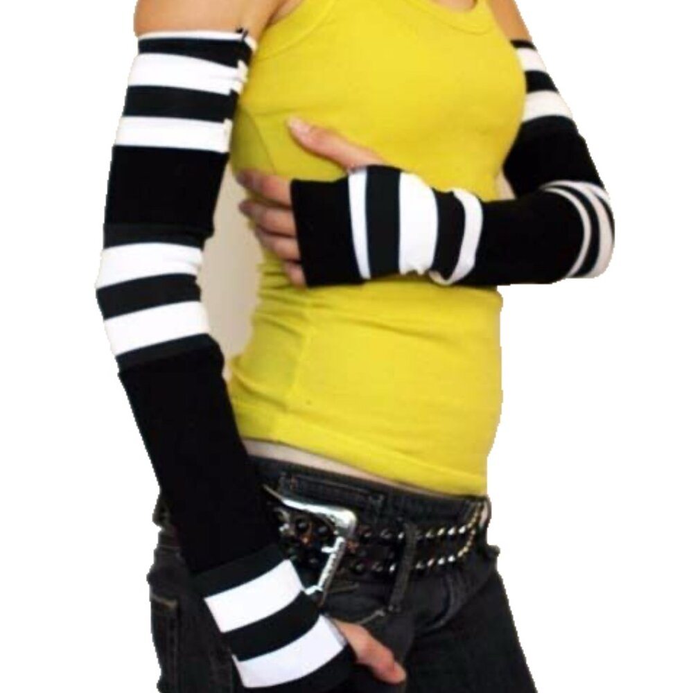 Extra Long Patchwork Fingerless Gloves Black White Striped Arm Warmers Cosplay